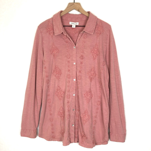 COLDWATER CREEK 100% Cotton Embroidered Tunic Top Women's L Dusty Pink Button Up - Picture 1 of 13